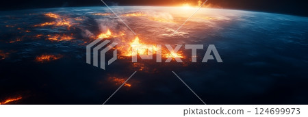 Fiery volcanic eruptions and lava flows engulf a planet's surface, creating a dramatic scene of fiery destruction 124699973