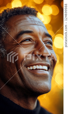 Close-up portrait of a mature African American male smiling against a bokeh background 124699988