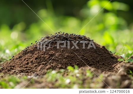 A brown ant mound covered with tiny black ants, set against a blurred background of vibrant green vegetation 124700016