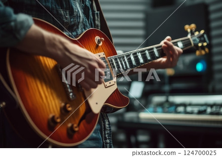 Close-up of hands playing a sunburst electric guitar, focusing on the fretboard and strings with studio equipment in the background Close-up of hands playing a sunburst electric guitar, focusing on the fretboard and strings with studio equipment in the background 124700025