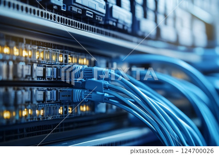 Close-up view of blue network cables connected to network switches in a modern data center, showcasing the complexity of IT infrastructure 124700026