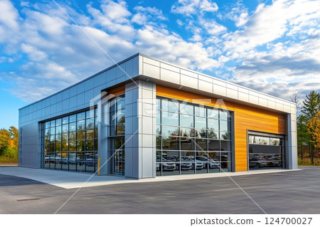 Contemporary commercial building with glass facade, metal panels, and wood accents, reflecting a blend of materials and design under a cloudy blue sky 124700027