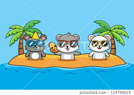 Tourist funny raccoons relax swimming on tropical island,palm trees 124700028
