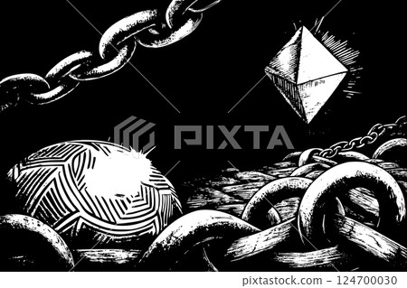Black white blockchain connection on dark 124700030