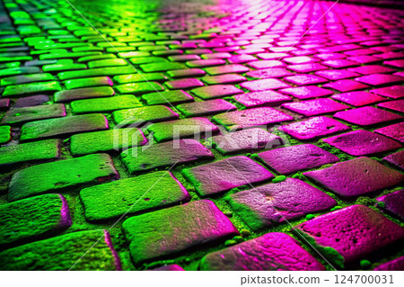 Night green pink street with cobblestone pavement 124700031
