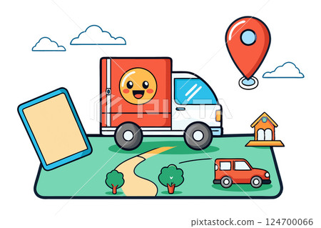 Delivery car.Navigation map of the city with delivery coordinates Delivery car.Navigation map of the city with delivery coordinates 124700066