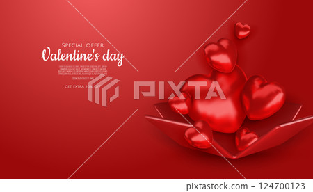 Valentines day sale vector banner template. Valentines day sale discount text with hearts elements in white pattern background. Vector illustration. Valentines day sale vector banner template. Valentines day sale discount text with hearts elements in white pattern background. Vector illustration. 124700123