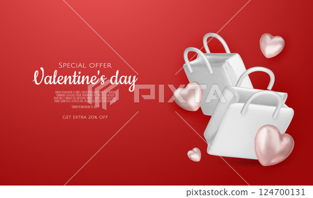Valentines day. Romantic vector background. Templates Festive gift card with realistic 3d design elements. Holiday banner, web poster, flyer and brochure, greeting card, group bright covers 124700131