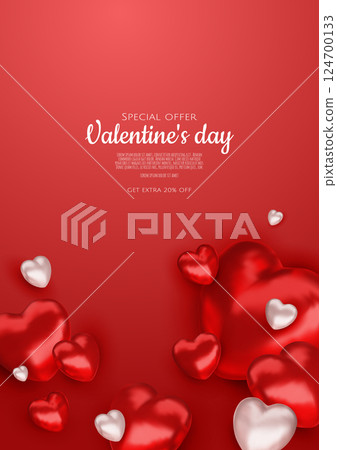 Valentines day sale vector banner template. Valentines day sale discount text with hearts elements in white pattern background. Vector illustration. 124700133