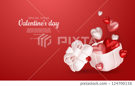 Valentines day sale vector banner template. Valentines day sale discount text with hearts elements in white pattern background. Vector illustration. 124700138