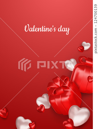 Valentines day. Romantic vector background. Templates Festive gift card with realistic 3d design elements. Holiday banner, web poster, flyer and brochure, greeting card, group bright covers 124700139