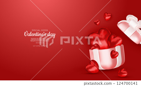 Valentine s day design. Realistic gifts boxes. Open gift box full of decorative festive object. Holiday banner, web poster, flyer, stylish brochure, greeting card, cover. Romantic background 124700141