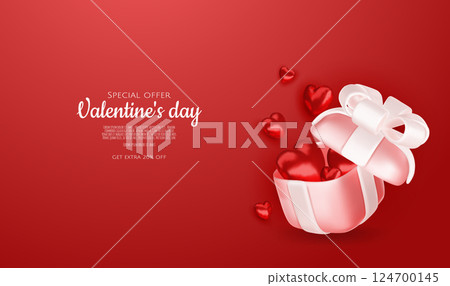 Valentine s day design. Realistic gifts boxes. Open gift box full of decorative festive object. Holiday banner, web poster, flyer, stylish brochure, greeting card, cover. Romantic background 124700145