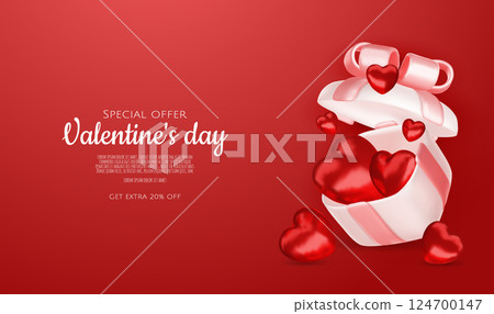 Valentine s day design. Realistic gifts boxes. Open gift box full of decorative festive object. Holiday banner, web poster, flyer, stylish brochure, greeting card, cover. Romantic background 124700147