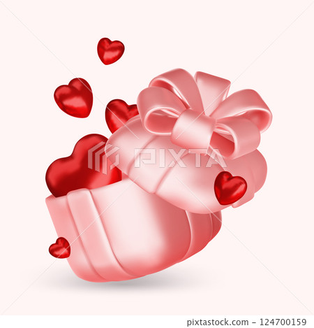 Valentine s day design. Realistic gifts boxes. Open gift box full of decorative festive object. Holiday banner, web poster, flyer, stylish brochure, greeting card, cover. Romantic background 124700159