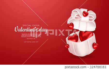 Valentine s day design. Realistic gifts boxes. Open gift box full of decorative festive object. Holiday banner, web poster, flyer, stylish brochure, greeting card, cover. Romantic background 124700161