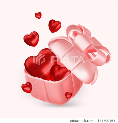 Valentine s day design. Realistic gifts boxes. Open gift box full of decorative festive object. Holiday banner, web poster, flyer, stylish brochure, greeting card, cover. Romantic background 124700163