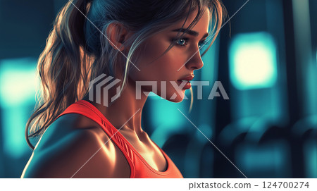 Illustration of a woman training at the gym 124700274