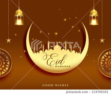 eid mubarak beautiful background with moon and mosque 124700381