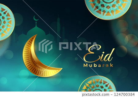 eid mubarak religious background with golden moon and mosque 124700384