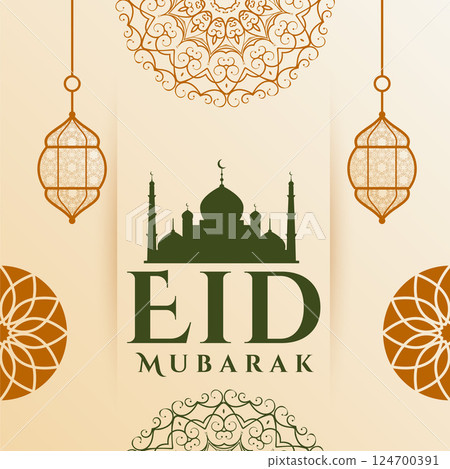 decorative eid mubarak cultural background with mosque and fanoos 124700391