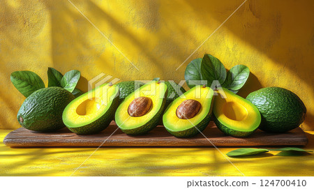 Composition avocados yellow background, top view avocado leaves, space for text, vegetarian vitamin Composition avocados yellow background, top view avocado leaves, space for text, vegetarian vitamin 124700410