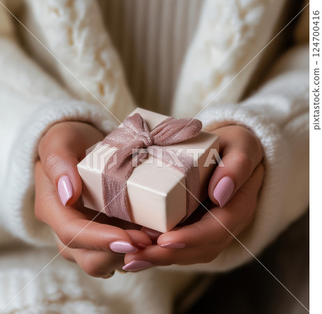 Woman hands holding craft gift satin ribbon, shopping Valentines, New Year, Mothers, Christmas 124700416