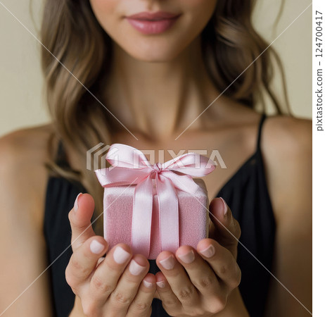 Woman hands holding pink gift satin ribbon, shopping Valentines, New Year, Mothers, Christmas 124700417