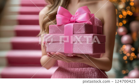 Woman hands holding pink gift satin ribbon, shopping Valentines, New Year, Mothers, Christmas Woman hands holding pink gift satin ribbon, shopping Valentines, New Year, Mothers, Christmas 124700425