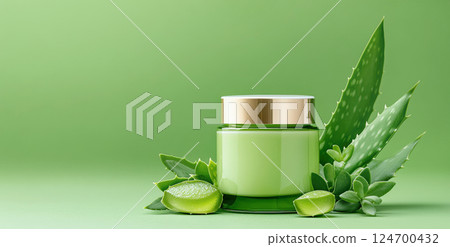 Concept natural ingredients glass jar Aloe Vera skin care, extract, aloe leaves background green. Concept natural ingredients glass jar Aloe Vera skin care, extract, aloe leaves background green. 124700432
