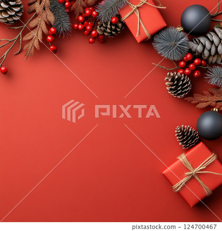 Luxury red gifts box natural ribbon red background, birthday, Christmas, copy space, advertisement 124700467
