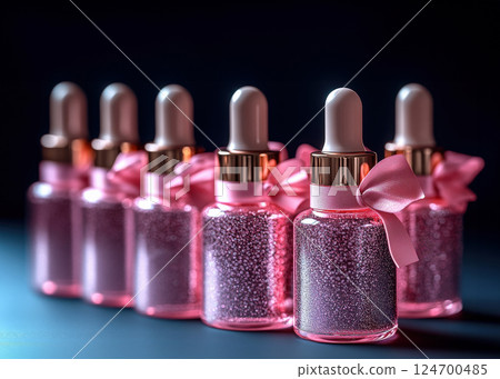 Group bottles for oil, concentrate, serum, blank brand label, pink satin ribbon and gold cap on blue background, minimalist design. Cosmetics advertising concept Group bottles for oil, concentrate, serum, blank brand label, pink satin ribbon and gold cap on blue background, minimalist design. Cosmetics advertising concept 124700485