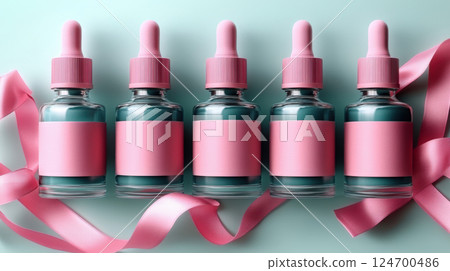 Group green bottles for oil, concentrate, serum, blank brand label, pink satin ribbon and gold cap on blue background, minimalist design. Cosmetics advertising concept Group green bottles for oil, concentrate, serum, blank brand label, pink satin ribbon and gold cap on blue background, minimalist design. Cosmetics advertising concept 124700486