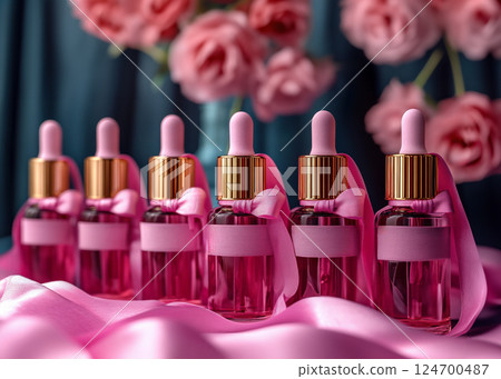 Group bottles for oil, concentrate, serum, blank brand label, pink satin ribbon and gold cap on blue background, minimalist design. Cosmetics advertising concept Group bottles for oil, concentrate, serum, blank brand label, pink satin ribbon and gold cap on blue background, minimalist design. Cosmetics advertising concept 124700487