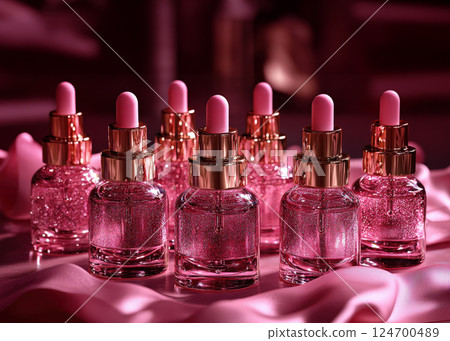 Row bottles for oil, concentrate, serum, blank brand label, pink satin ribbon and gold cap on plain background, minimalist design. Cosmetics advertising concept Row bottles for oil, concentrate, serum, blank brand label, pink satin ribbon and gold cap on plain background, minimalist design. Cosmetics advertising concept 124700489