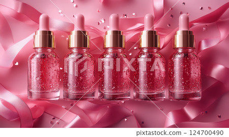 Row bottles for oil, concentrate, serum, blank brand label, pink satin ribbon and gold cap on plain background, minimalist design. Cosmetics advertising concept 124700490