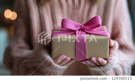 Woman hands holding pink gift satin ribbon, shopping Valentines, New Year, Mothers, Christmas 124700513
