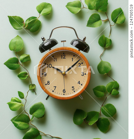 Alarm clock among leaves on plain background, space text. Concept Study, education, work, start 124700519