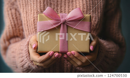Woman hands holding craft gift satin ribbon, shopping Valentines, New Year, Mothers, Christmas 124700530