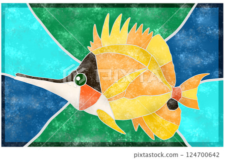 彩色瓷磚風格的熱帶魚、鯛魚、瀨魚的剪紙插圖，背景 124700642
