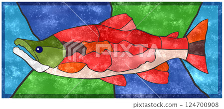 一幅可愛的瓷磚風格剪紙插圖,描繪了一條淡水魚——紅鮭魚 一幅可愛的瓷磚風格剪紙插圖,描繪了一條淡水魚——紅鮭魚 124700908