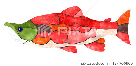 彩色馬賽克風格剪紙插圖,描繪了淡水魚紅鮭魚的背景 彩色馬賽克風格剪紙插圖,描繪了淡水魚紅鮭魚的背景 124700909
