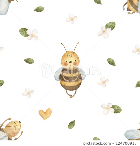 Pattern honey bees fly among wild flowers, chamomile leaves. Watercolor hand drawn illustration. Seamless print on background for children's textile design, fabric, packaging, wallpaper, baby clothes Pattern honey bees fly among wild flowers, chamomile leaves. Watercolor hand drawn illustration. Seamless print on background for children's textile design, fabric, packaging, wallpaper, baby clothes 124700915