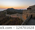 Great wall of China at sunset with rolling hills at dusk 124701028