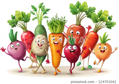 Summer dancing funny ripe vegetables.Healthy vitamin vegetarian food 124701042