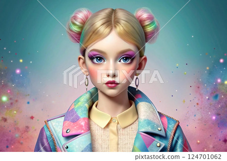 Modern fairy. Cute serious girl with pink bows in checkered colored jacket 124701062