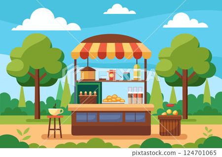 Park stall kiosk for the sale of drinks, coffee, sandwiches, light snacks Park stall kiosk for the sale of drinks, coffee, sandwiches, light snacks 124701065