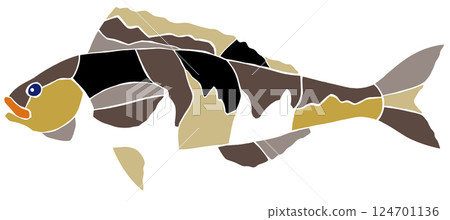 一幅可愛的彩色玻璃風格剪紙插圖,描繪了一種沒有關節的鹹水魚,阿特卡鯖魚 一幅可愛的彩色玻璃風格剪紙插圖,描繪了一種沒有關節的鹹水魚,阿特卡鯖魚 124701136