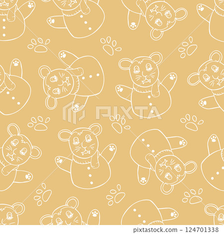 Brown seamless pattern cute chibi bear character set in winter outfit 124701338