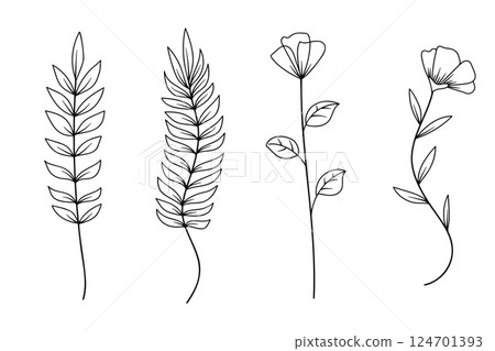 Set of twigs with leaves botanical hand- drawn collection.Vector illustration 124701393